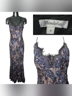 Vintage Mandalay Y2K Fairy Black & Cream Beaded Floral Lace Maxi Dress Size 4